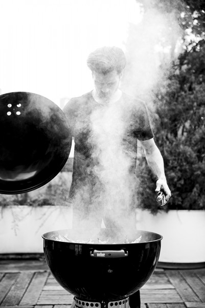 man grilling, black and white
