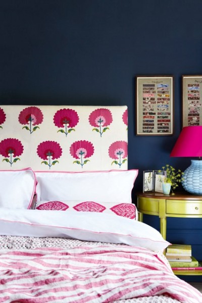 Navy pink and white. Floral headboard. Simple square