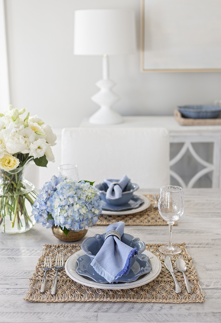 hydrangea blue place setting in white dining room