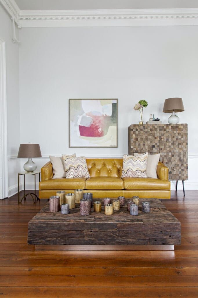 Yellow Leather Upholstery on Modern Couch 