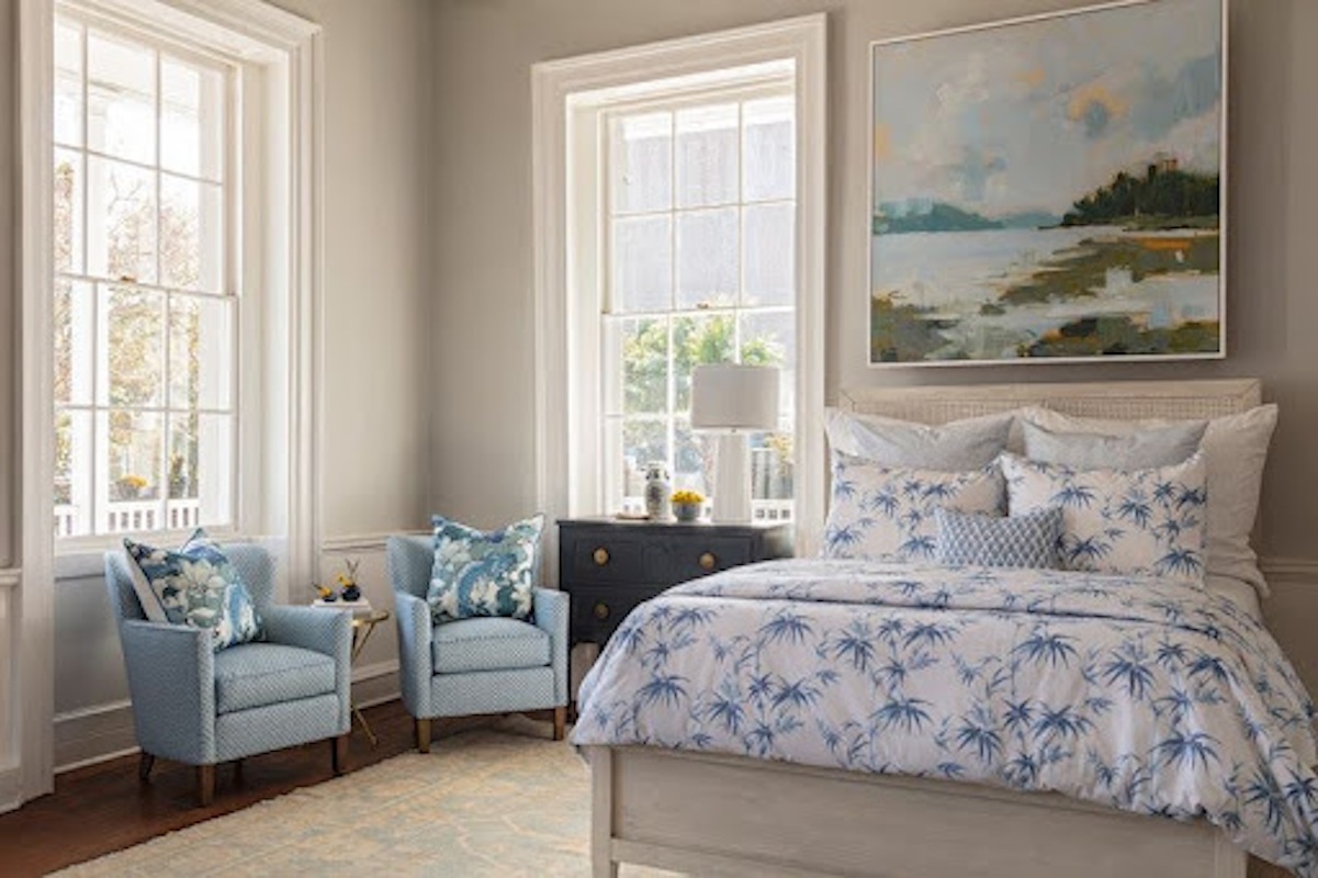 white and blue spring bedroom decor